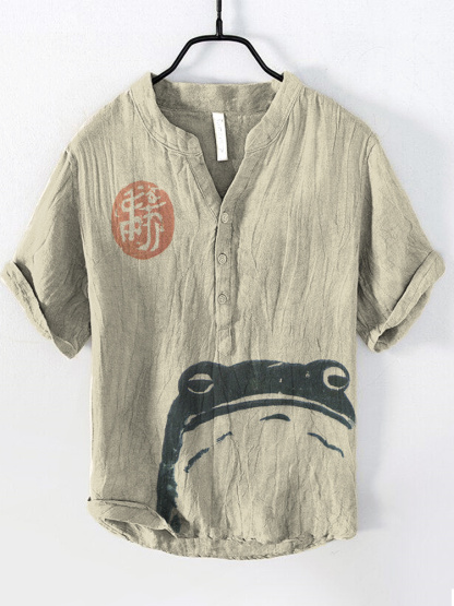 Japanese Art Frog Print Cozy Cotton Linen Shirt - Army Green