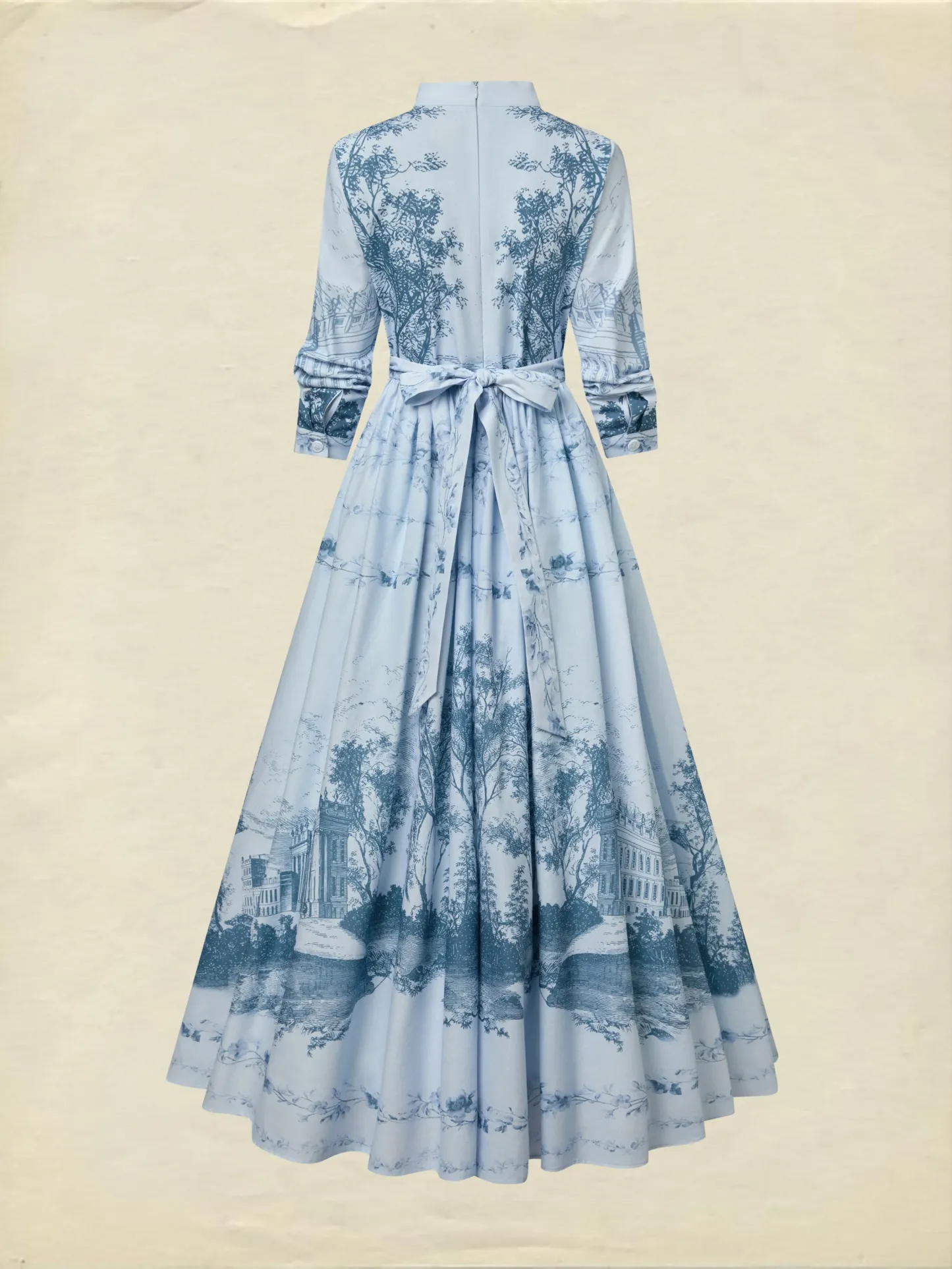 Maxi Cotton Dress, Long Sleeves, Stand Collar, Floral, Pocket Design, Vintage, Blue - Blue