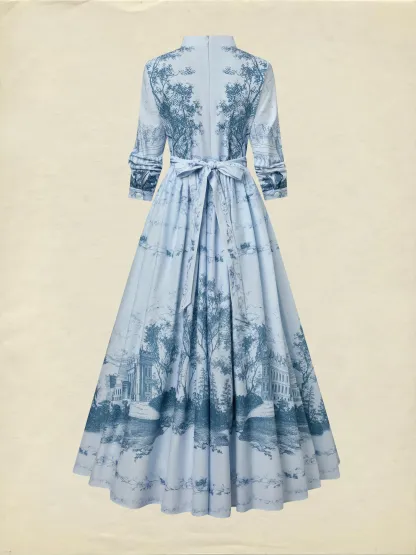 Maxi Cotton Dress, Long Sleeves, Stand Collar, Floral, Pocket Design, Vintage, Blue - Blue