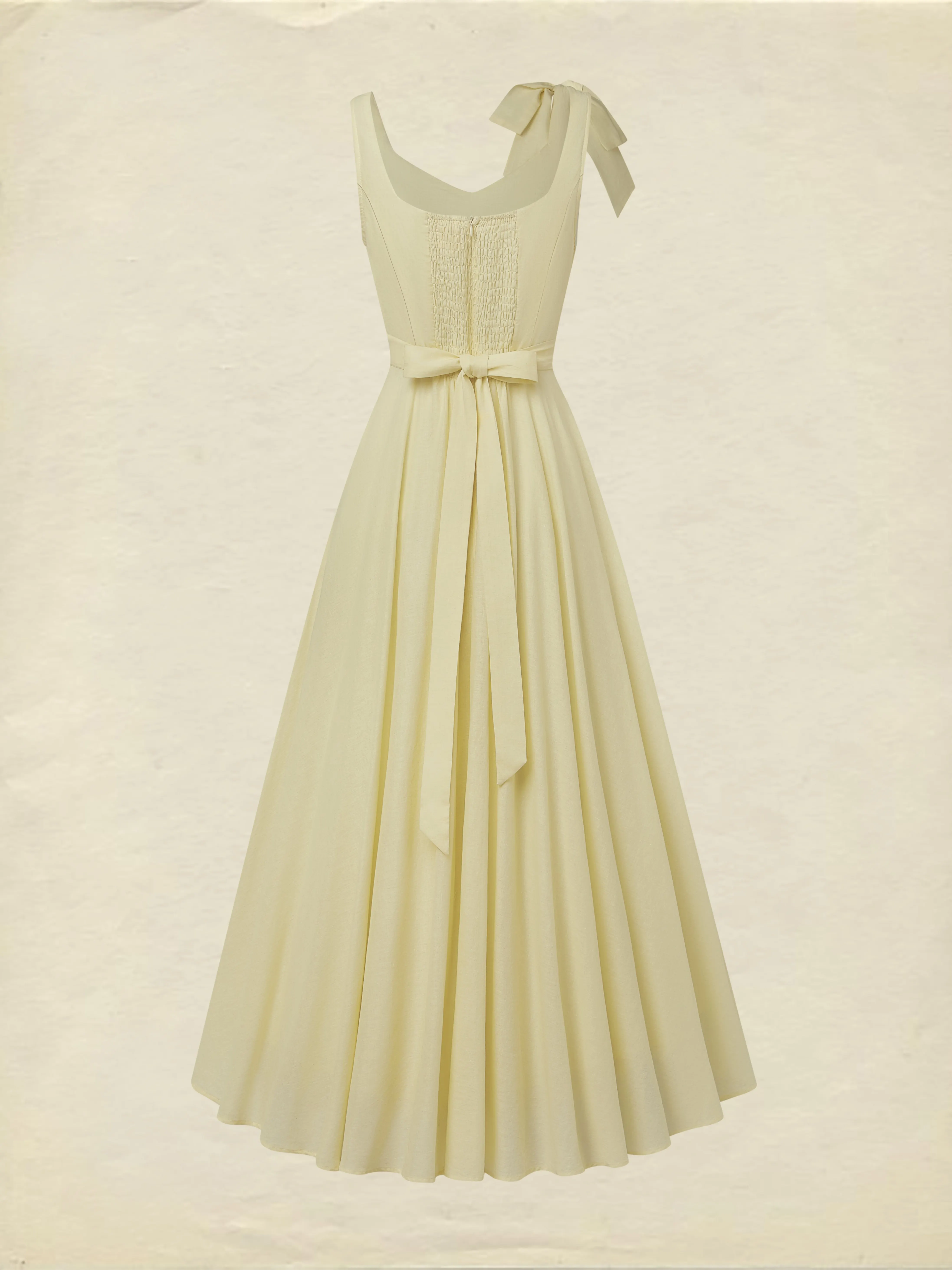 Maxi Linen Dress, Sleeveless, Square Neck, Plain, Bow, French Vintage, Light Yellow - Light Yellow