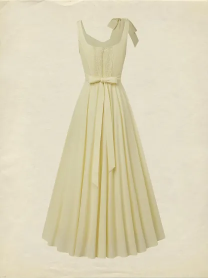 Maxi Linen Dress, Sleeveless, Square Neck, Plain, Bow, French Vintage, Light Yellow - Light Yellow