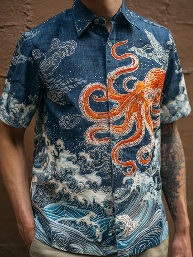 Men's Japanese Art Ocean Octopus Print Short-sleeve Shirt - Navy blue