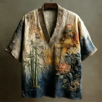 Vintage Japanese Botanical Art Linen V-neck Shirt - Beige