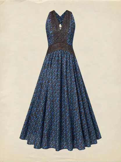 Maxi Cotton Dress, Sleeveless, V Neck, Floral, Lace, Vintage, Blue - Blue
