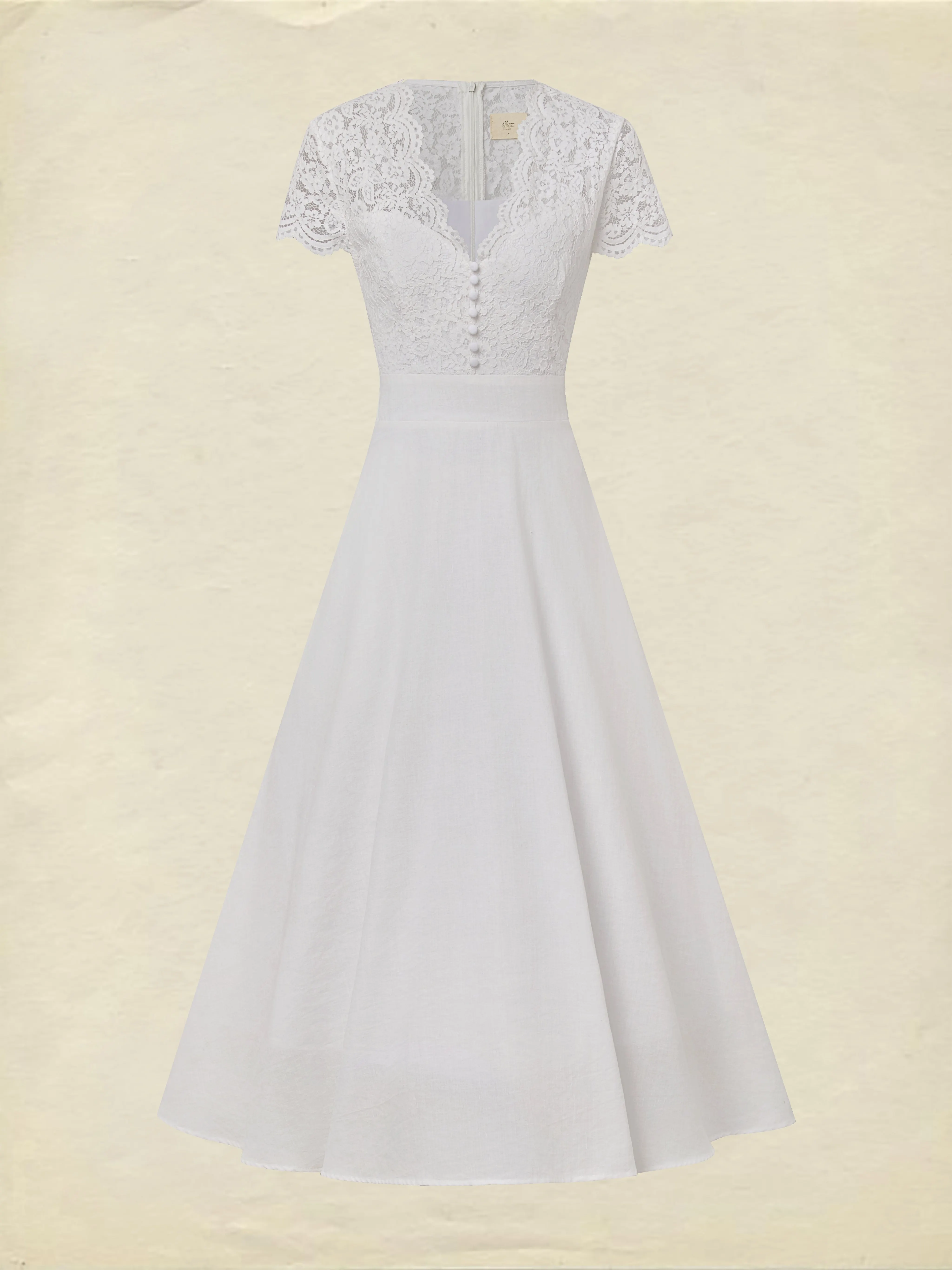Midi Cotton Dress, Short Sleeves, Plain, Lace, Vacation, Vintage, White - White