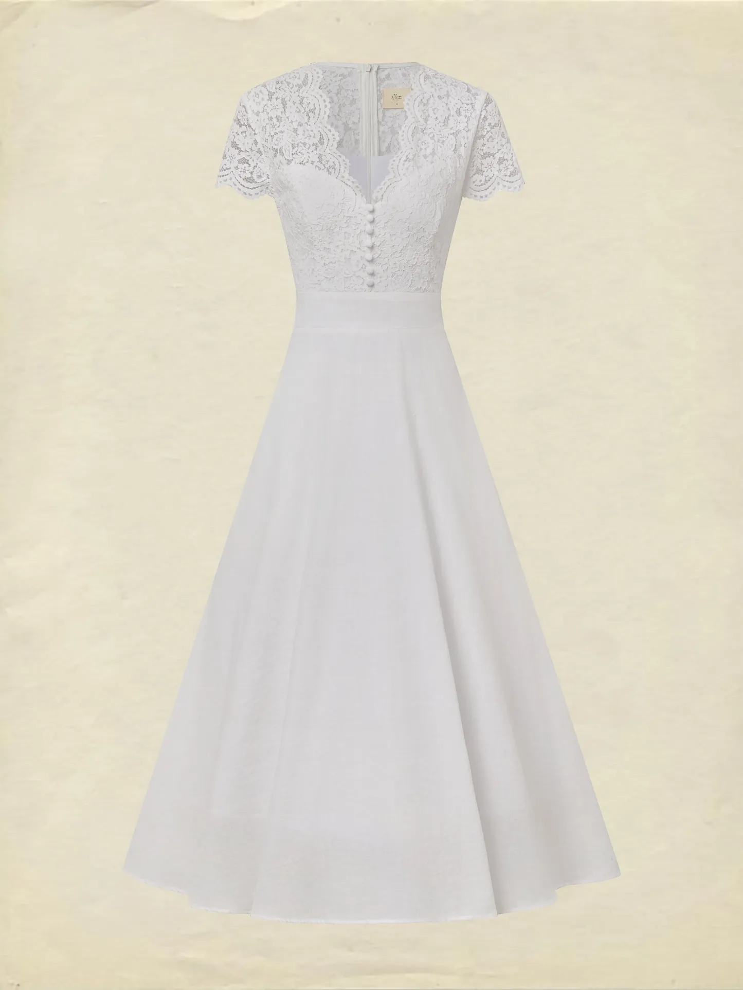 Midi Cotton Dress, Short Sleeves, Plain, Lace, Vacation, Vintage, White - White
