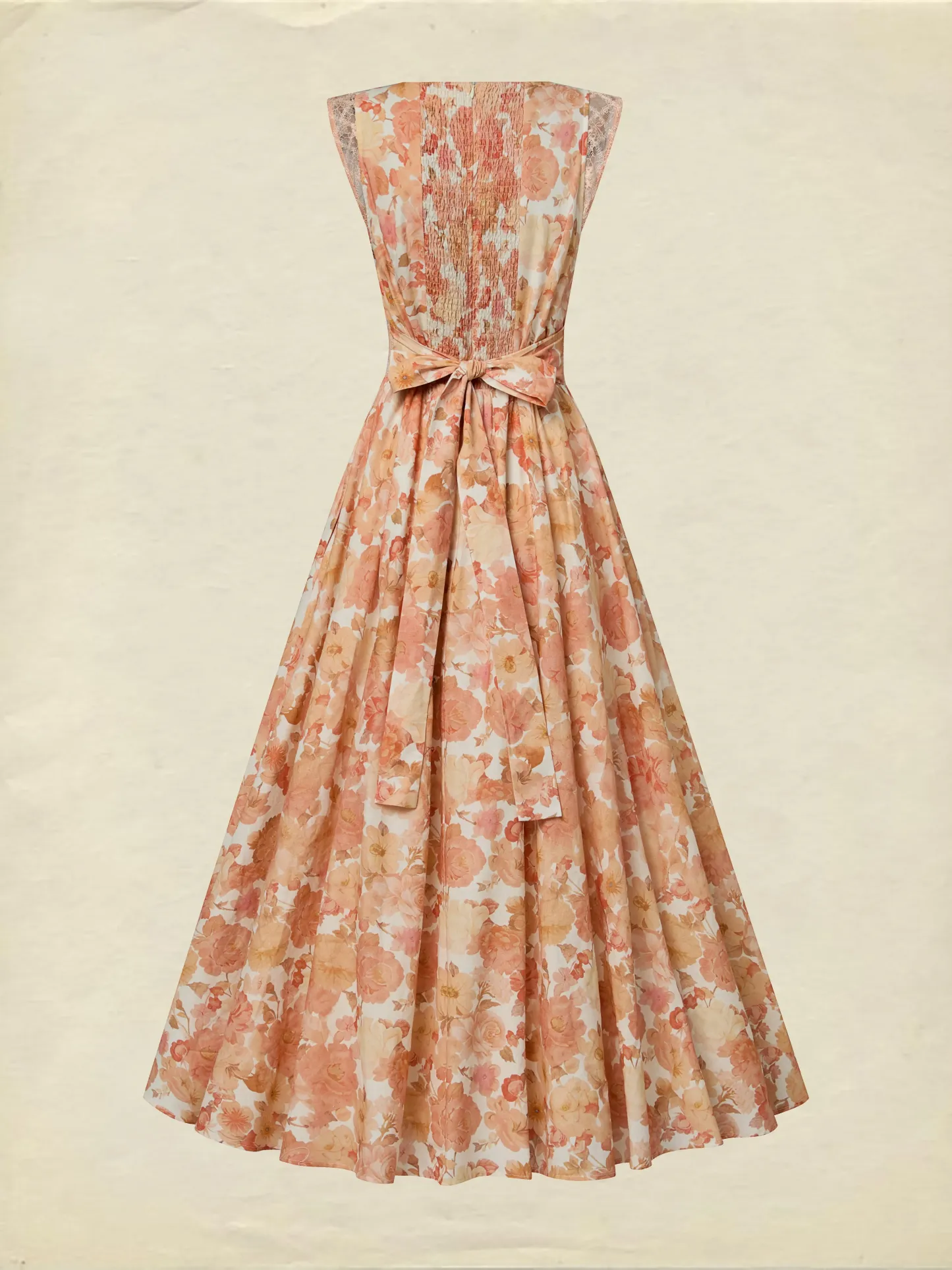 Maxi Linen Dress, Sleeveless, V Neck, Floral, Lace, Vacation, Vintage, Light Orange - Light Orange