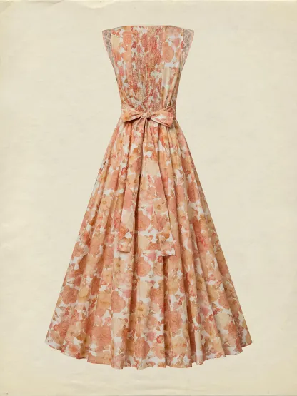 Maxi Linen Dress, Sleeveless, V Neck, Floral, Lace, Vacation, Vintage, Light Orange - Light Orange