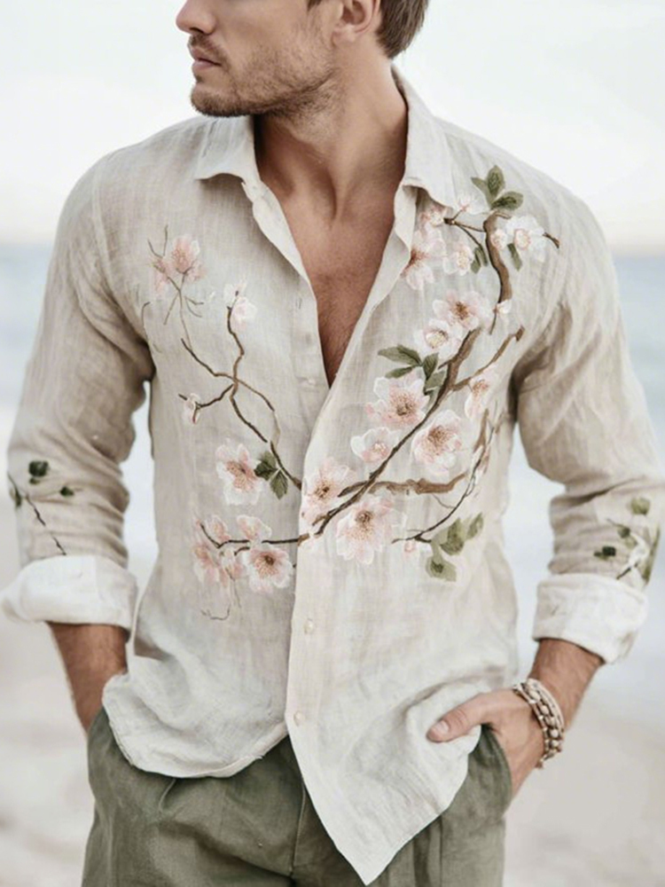 Men's Vintage Peach Blossom Art Print Long Sleeve Shirt - Apricot
