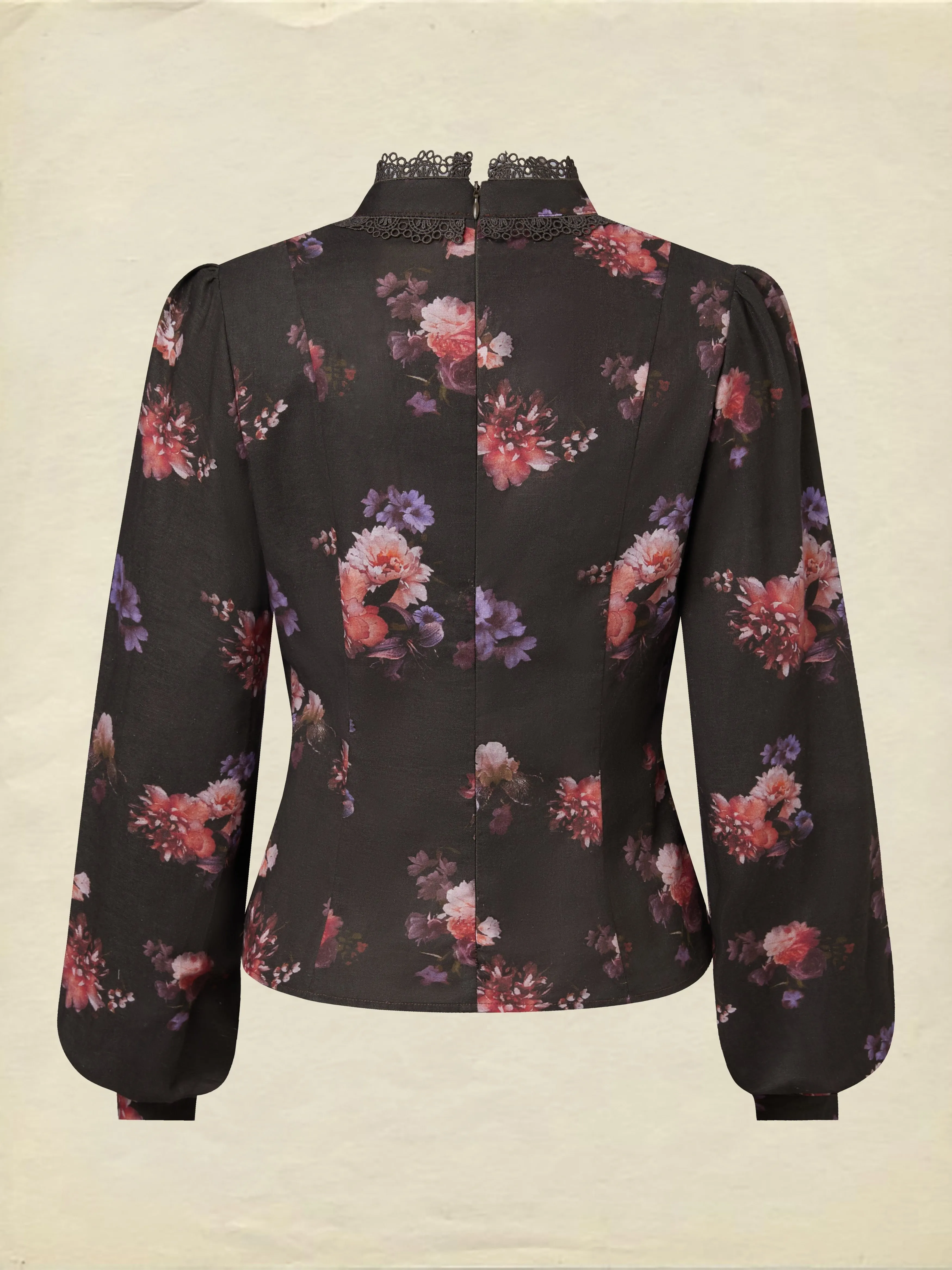 Cotton Blouse, Long Sleeves, Stand Collar, Floral, Lace, Vintage, Black - Black