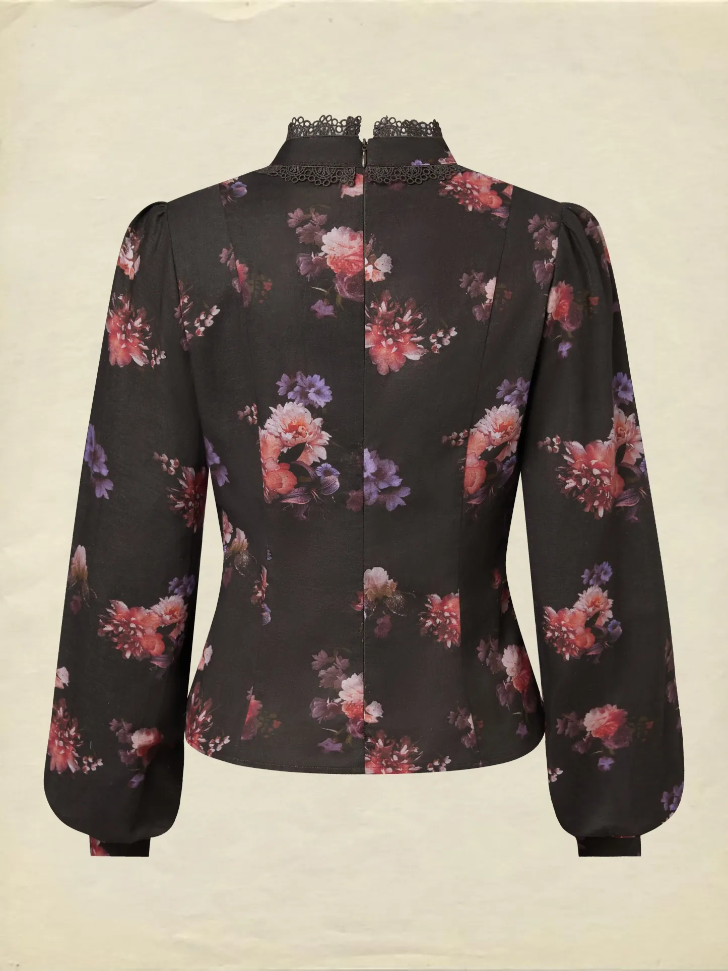 Cotton Blouse, Long Sleeves, Stand Collar, Floral, Lace, Vintage, Black - Black