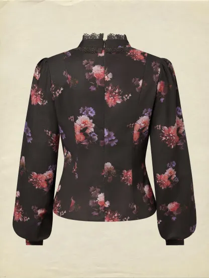 Cotton Blouse, Long Sleeves, Stand Collar, Floral, Lace, Vintage, Black - Black