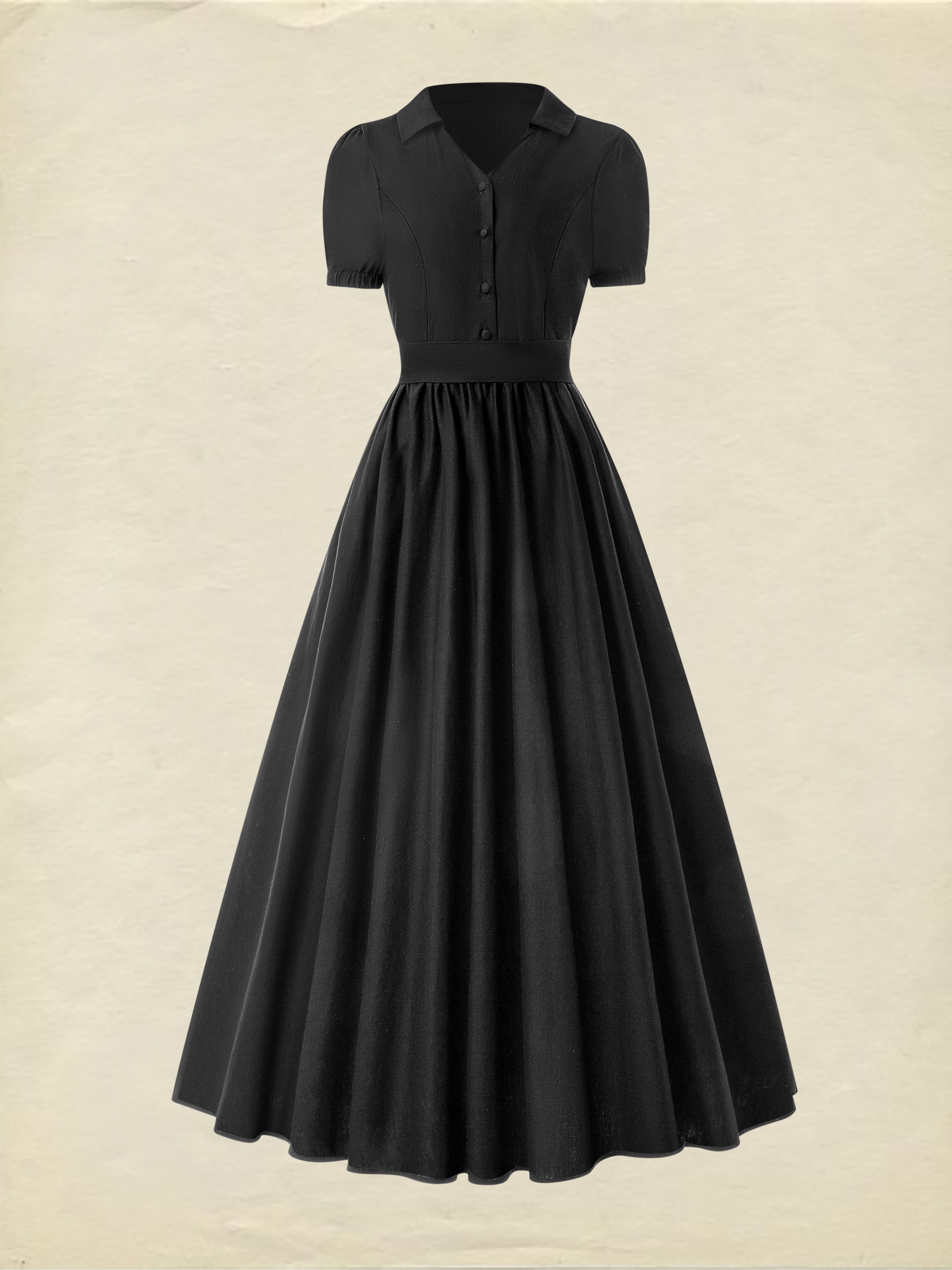 Maxi Cotton Dress, Short Sleeve, Shawl Collar, Plain, Summer, Black - Black