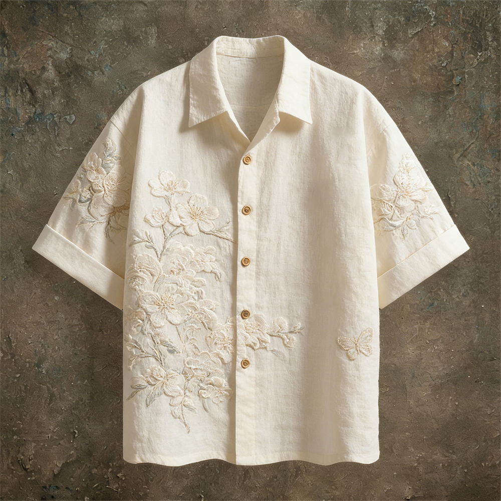 Vintage Lace Floral Pattern Linen Short Sleeve Shirt - Cream beige