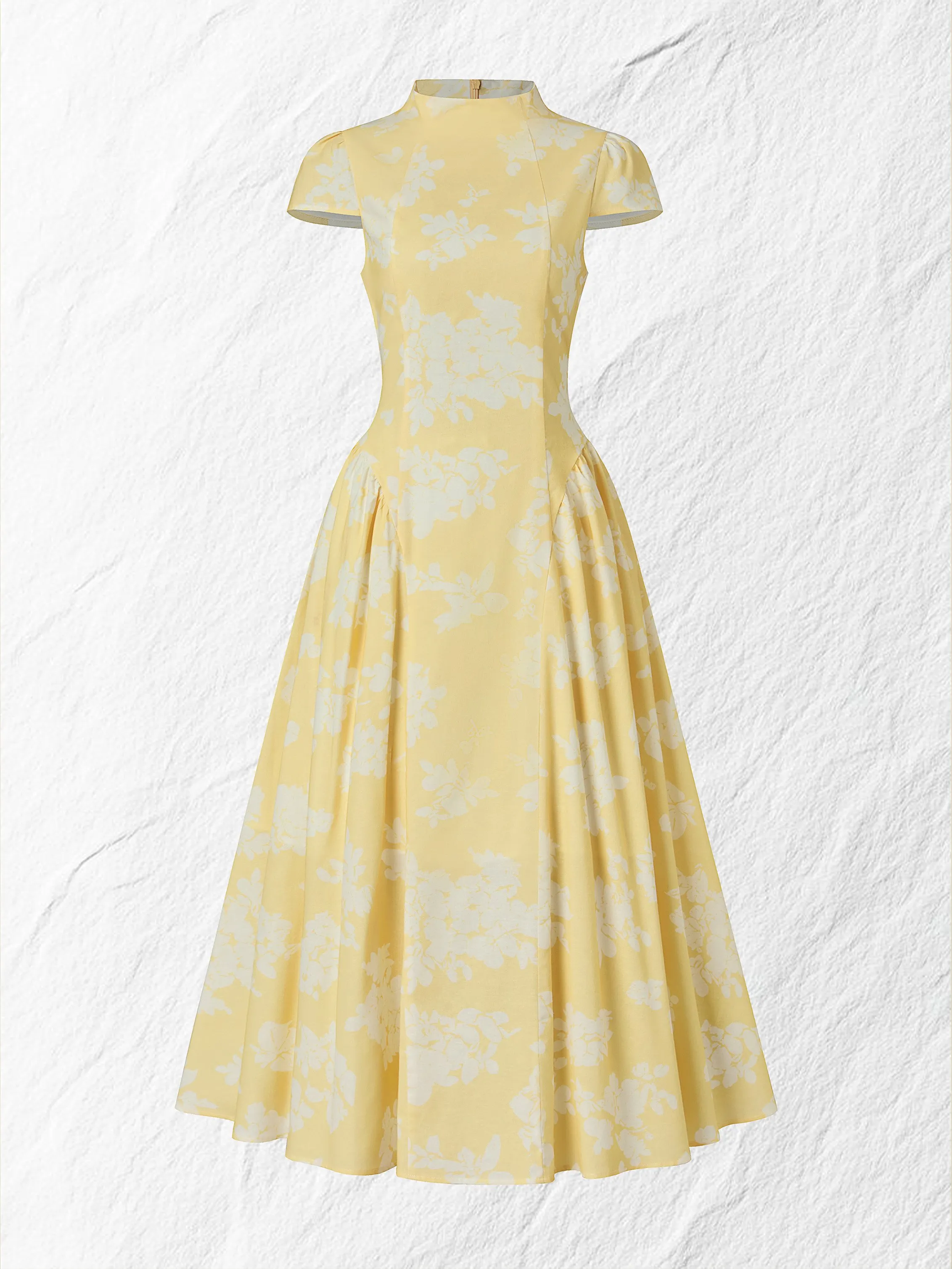 Midi Cotton Dress, Short Sleeves, Floral, French Vintage, Yellow - Yellow