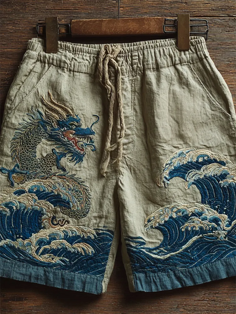 Japanese Dragon & Sea Waves Embroidered Linen Shorts - Blue