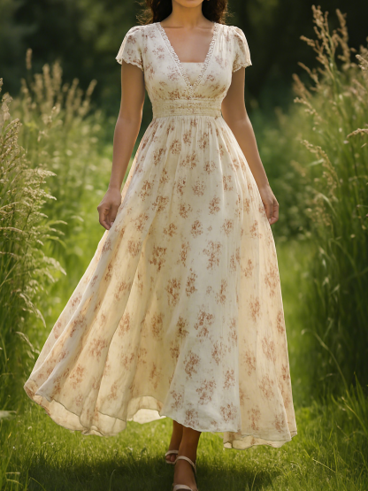 Linen Maxi Dress, Short Sleeve, V neck, Floral, Vintage, Apricot - Apricot