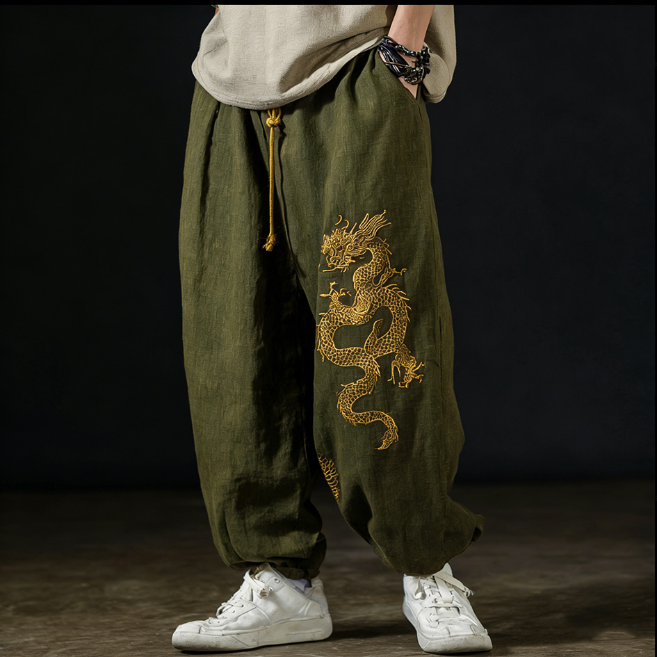 Men's Casual Cotton And Linen Wide-leg Pants With Dragon Patterns And Embroidered Floral Patterns - Black