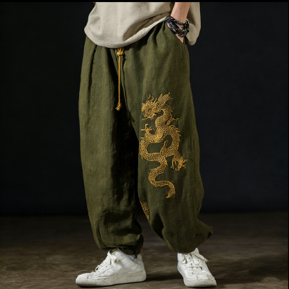 Men's Casual Cotton And Linen Wide-leg Pants With Dragon Patterns And Embroidered Floral Patterns - Black
