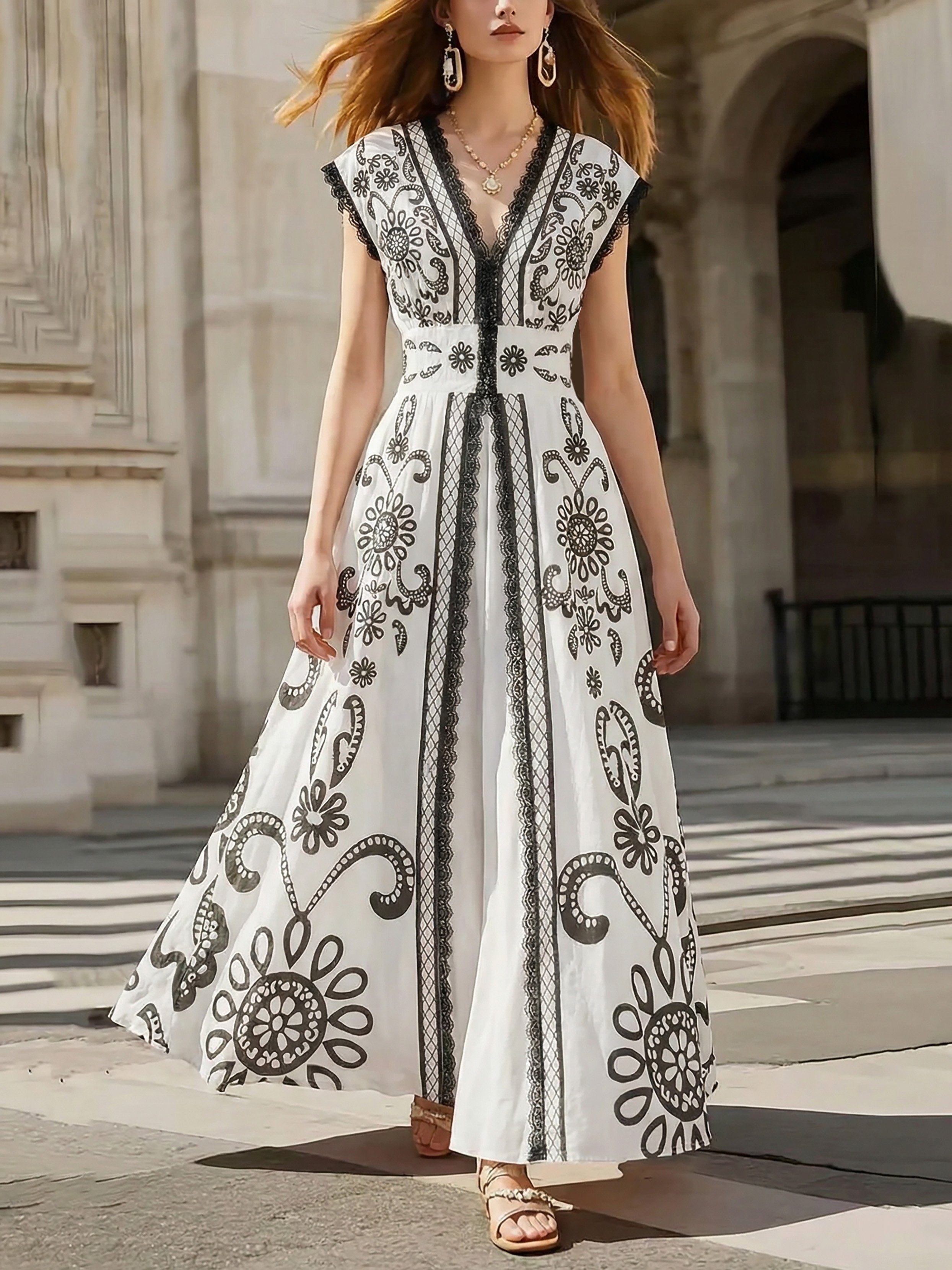 Maxi Cotton Dress, Cap Sleeves, V Neck, Paisley, Lace, Vacation, Vintage, White - White
