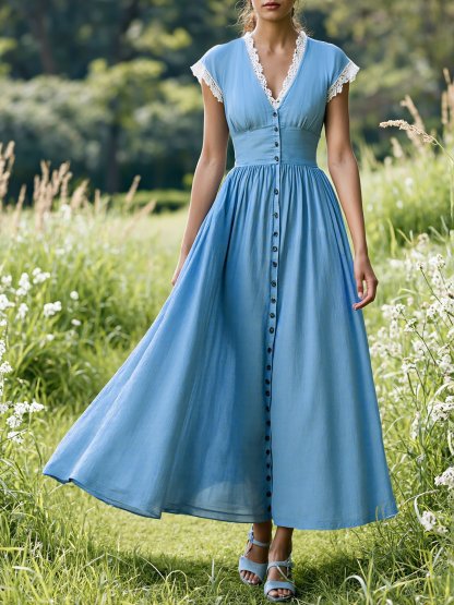 Maxi Linen Dress , Cap Sleeves, V Neck, Plain, Button Design, Vintage, Blue - Blue