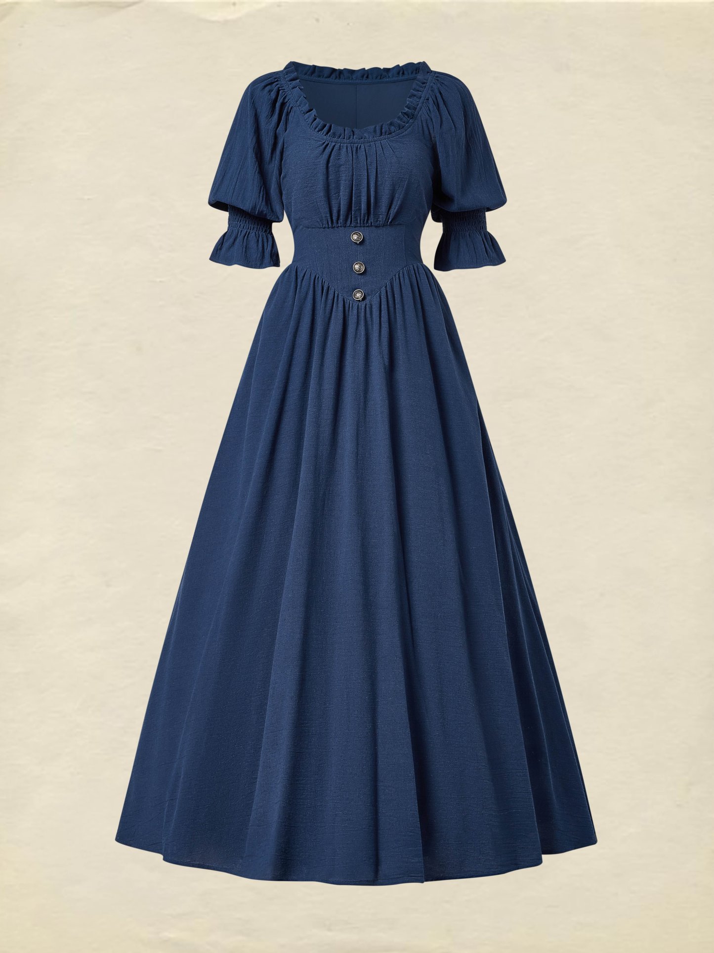 Linen Maxi Dress, Crew Neck, Half Sleeves, Belt, Victorian Style, Princess Dress, Blue - Blue
