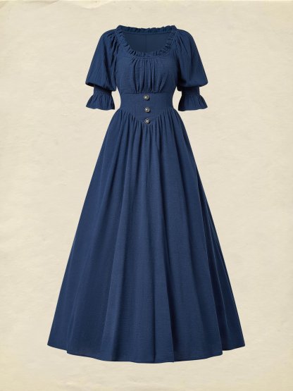 Linen Maxi Dress, Crew Neck, Half Sleeves, Belt, Victorian Style, Princess Dress, Blue - Blue