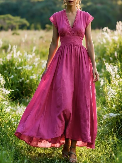 Maxi Linen Dress , Cap Sleeves, V Neck, Plain, Lace, Vintage, Rose Red - Rose Red