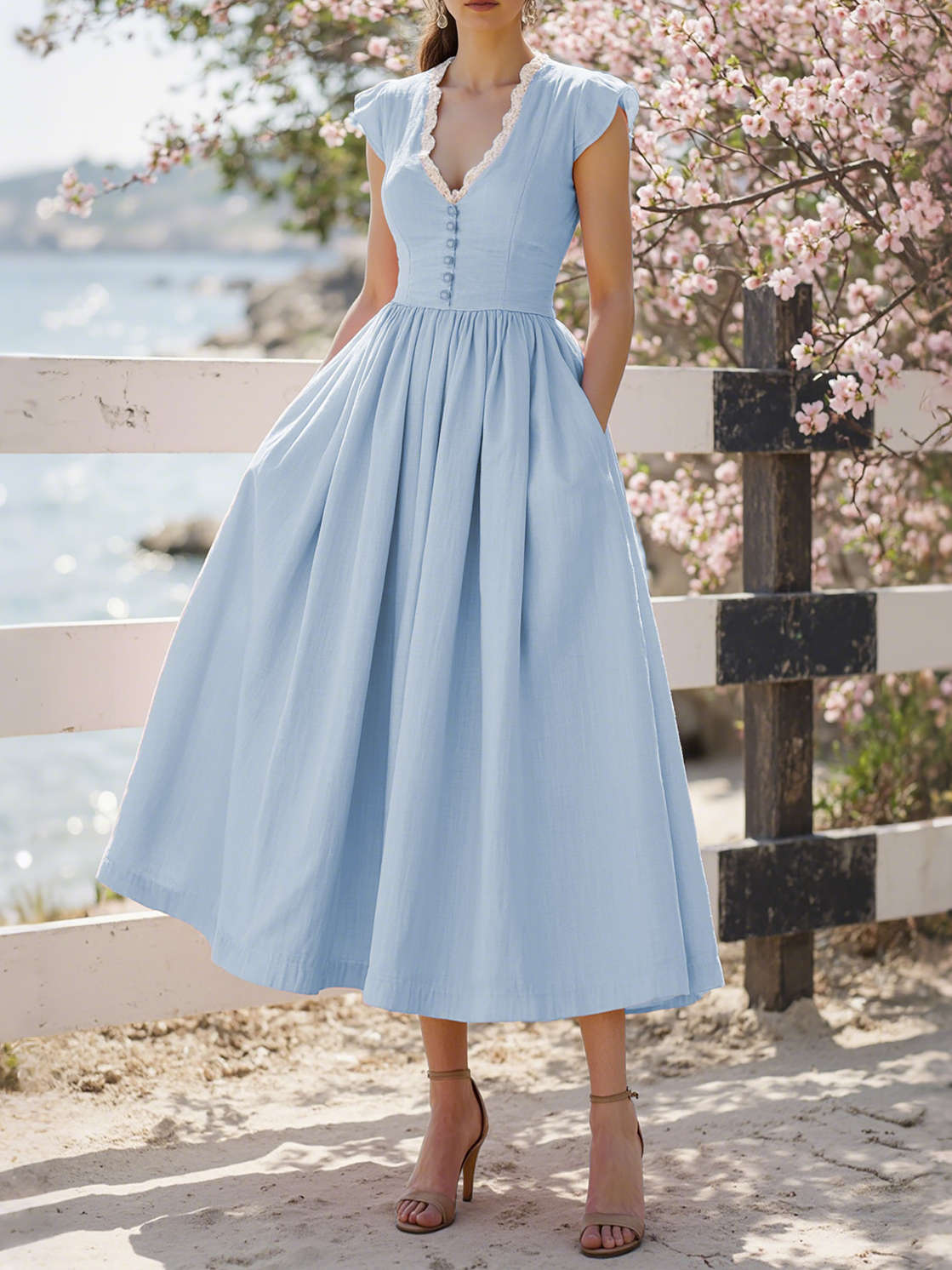 Midi Linen Dress, Short Sleeves, V Collar, Linen Blend, Plain, Renaissance - Blue