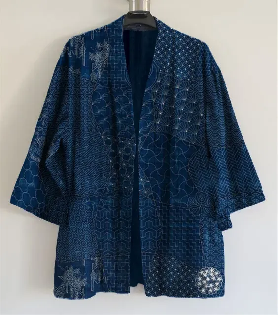 Japanese Traditional Sashiko Art Linen Blend Kimono Cardigan - Black