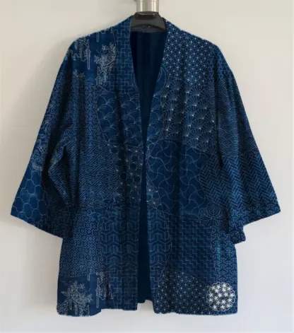 Japanese Traditional Sashiko Art Linen Blend Kimono Cardigan - Black