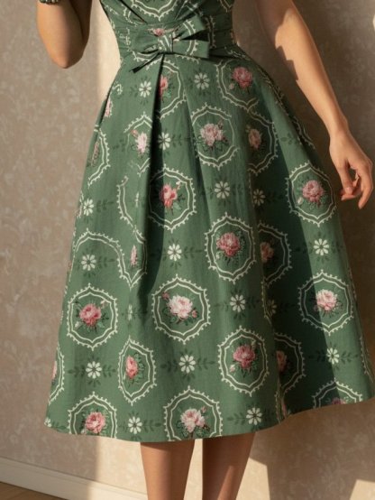 Midi Linen Dress, Sleeveless, Round Neck, Floral, Bow, Vintage, Green - Green