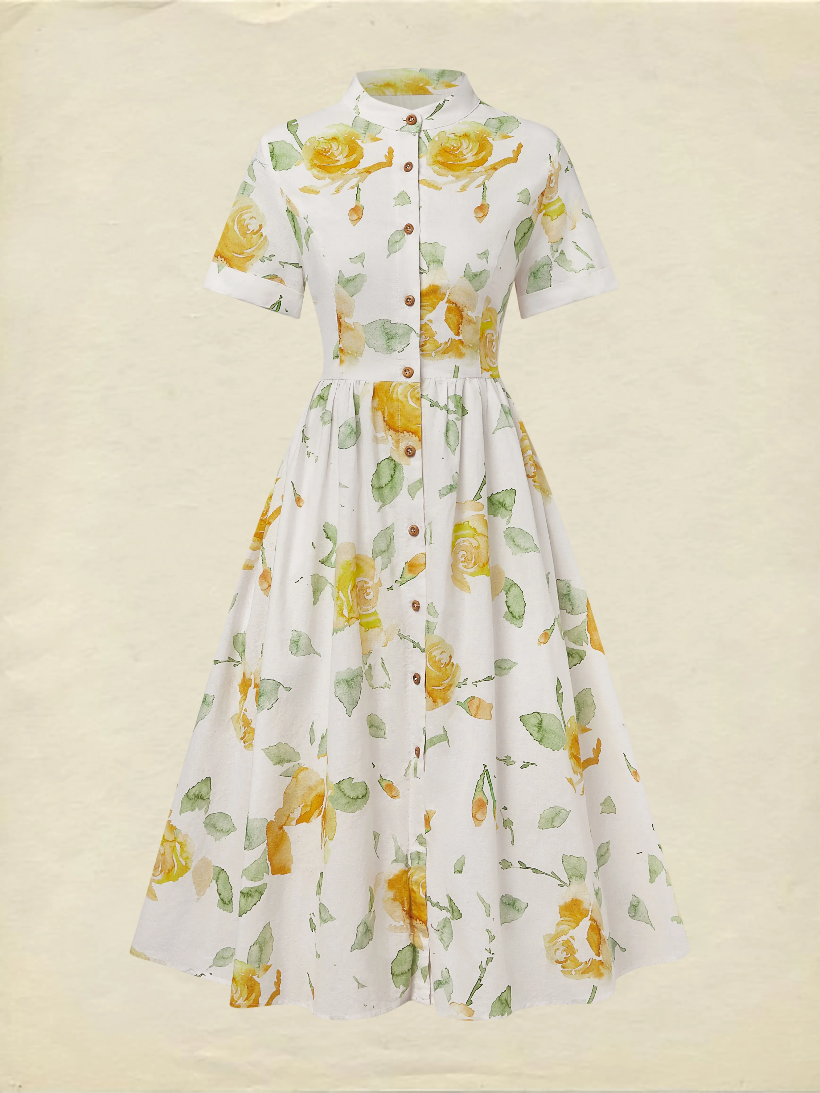 Linen Midi Dress, Short Sleeve, Floral, Vintage, White - White