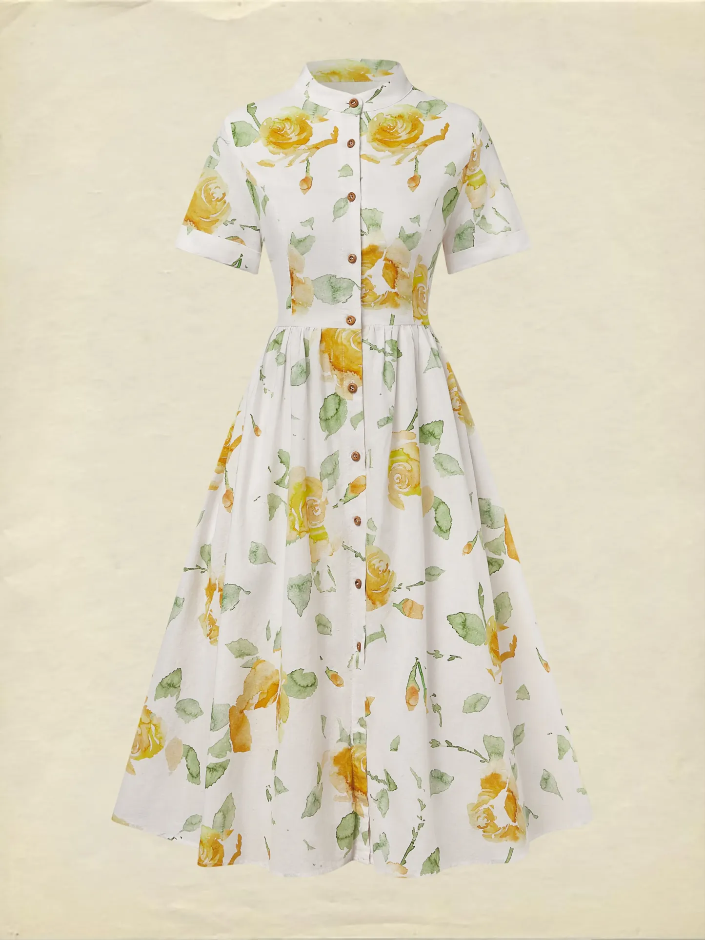Linen Midi Dress, Short Sleeve, Floral, Vintage, White - White