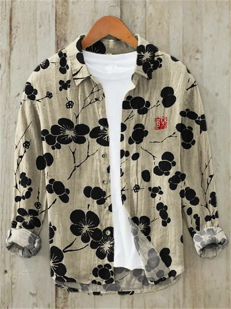 Cherry Blossom Japanese Lino Art Linen Blend Shirt - Black