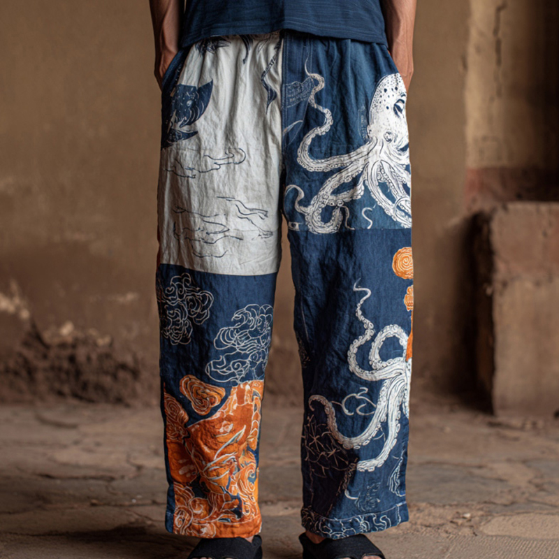 Men's Retro Japanese Art Ocean Octopus Print Casual Pants - Navy blue