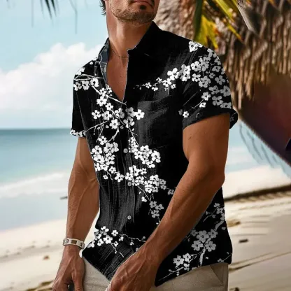 Men's Cherry Blossom Art Print Casual Button-down Shirt - Black
