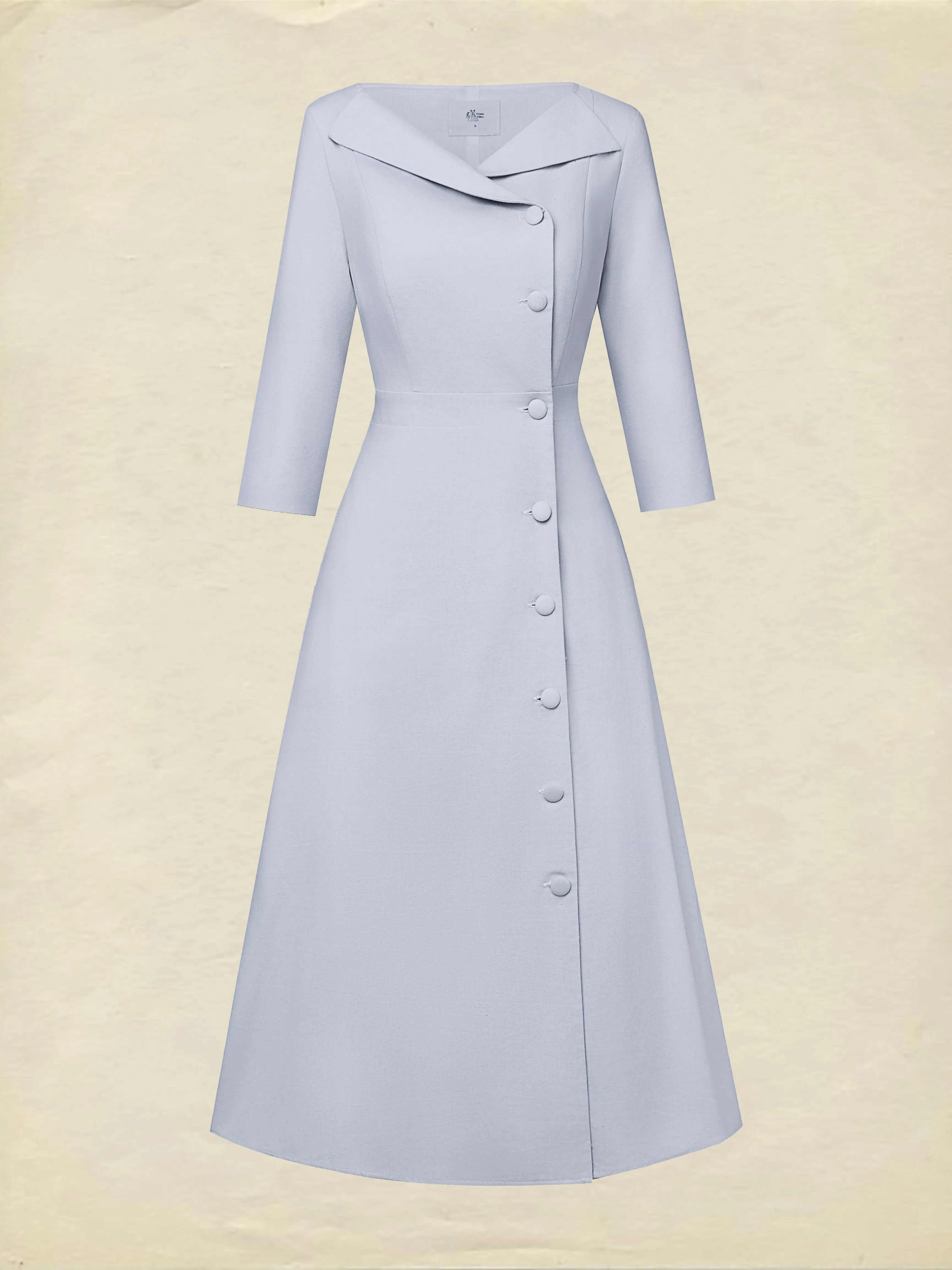 Midi Linen Dress, Half Sleeve, Shawl Collar, Plain, Button Design, French Vintage, lavender - lavender