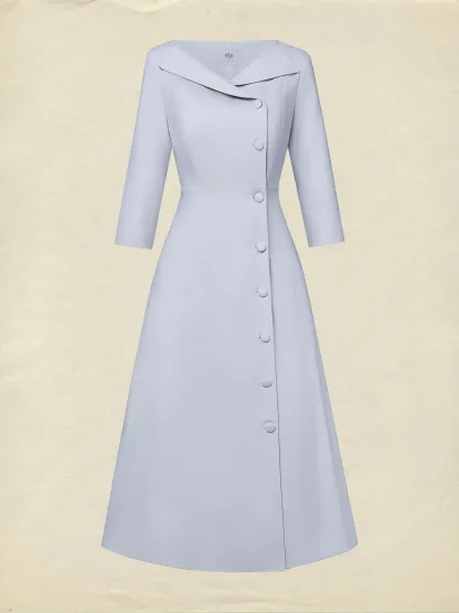 Midi Linen Dress, Half Sleeve, Shawl Collar, Plain, Button Design, French Vintage, lavender - lavender