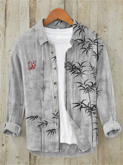 Bamboo Japanese Art Casual Linen Blend Shirt - Khaki