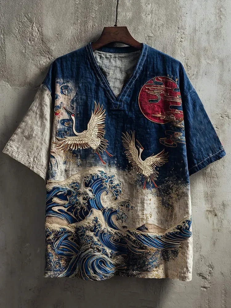 Japanese Pine And Waves Embroidered V-neck Linen Shirt - Blue beige