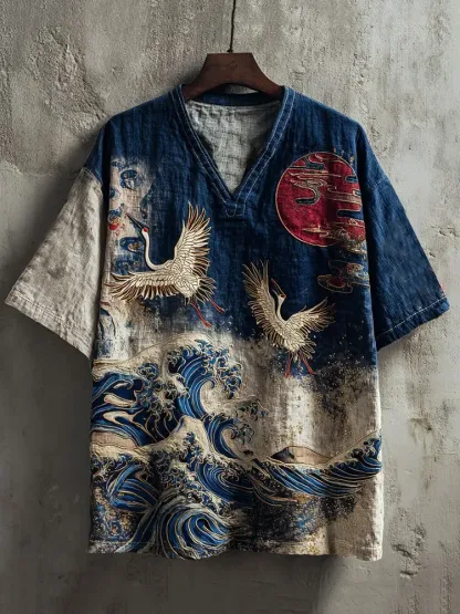 Japanese Pine And Waves Embroidered V-neck Linen Shirt - Blue beige