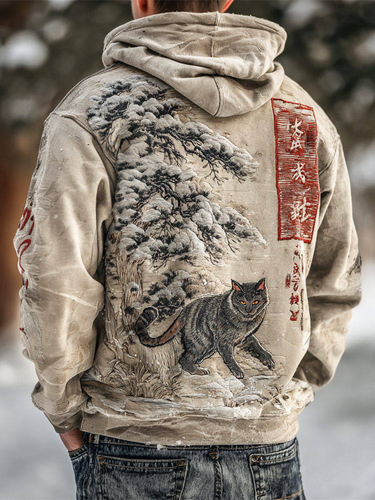 Japanese Cat & Snow Figure Embroidery Men's Hooded Sweatshirt - Beige