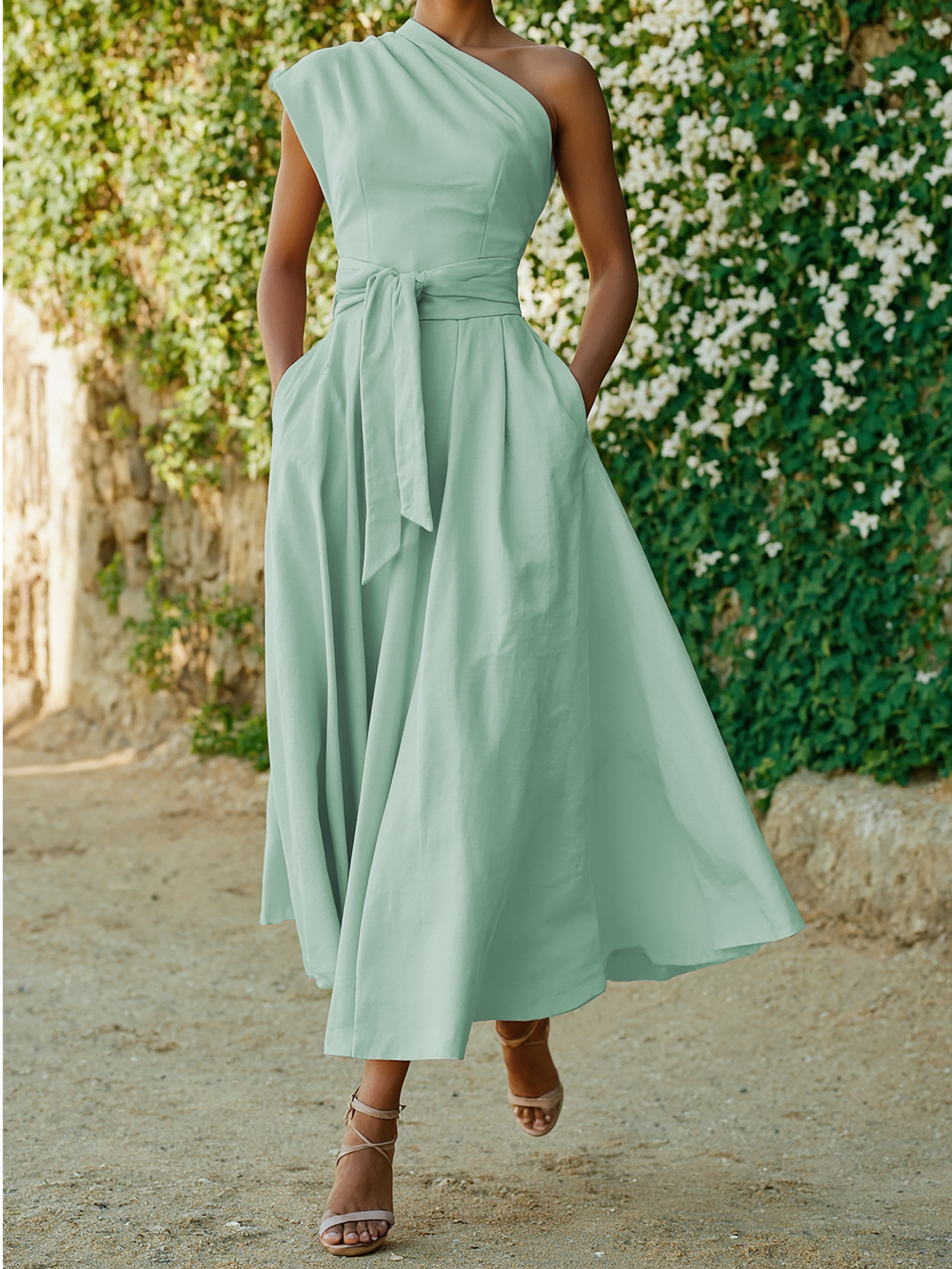 Maxi Cotton Dress , Sleeveless, One shoulder, Plain, Belt Design, Vintage, Light Pink - mint