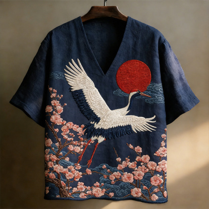 Men's Japanese-style Linen Short-sleeved V-neck Shirt With Crane And Floral Pattern - Navy blue