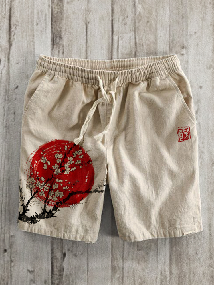 Plum Blossom Sunrise Japanese Art Linen Blend Shorts - Beige
