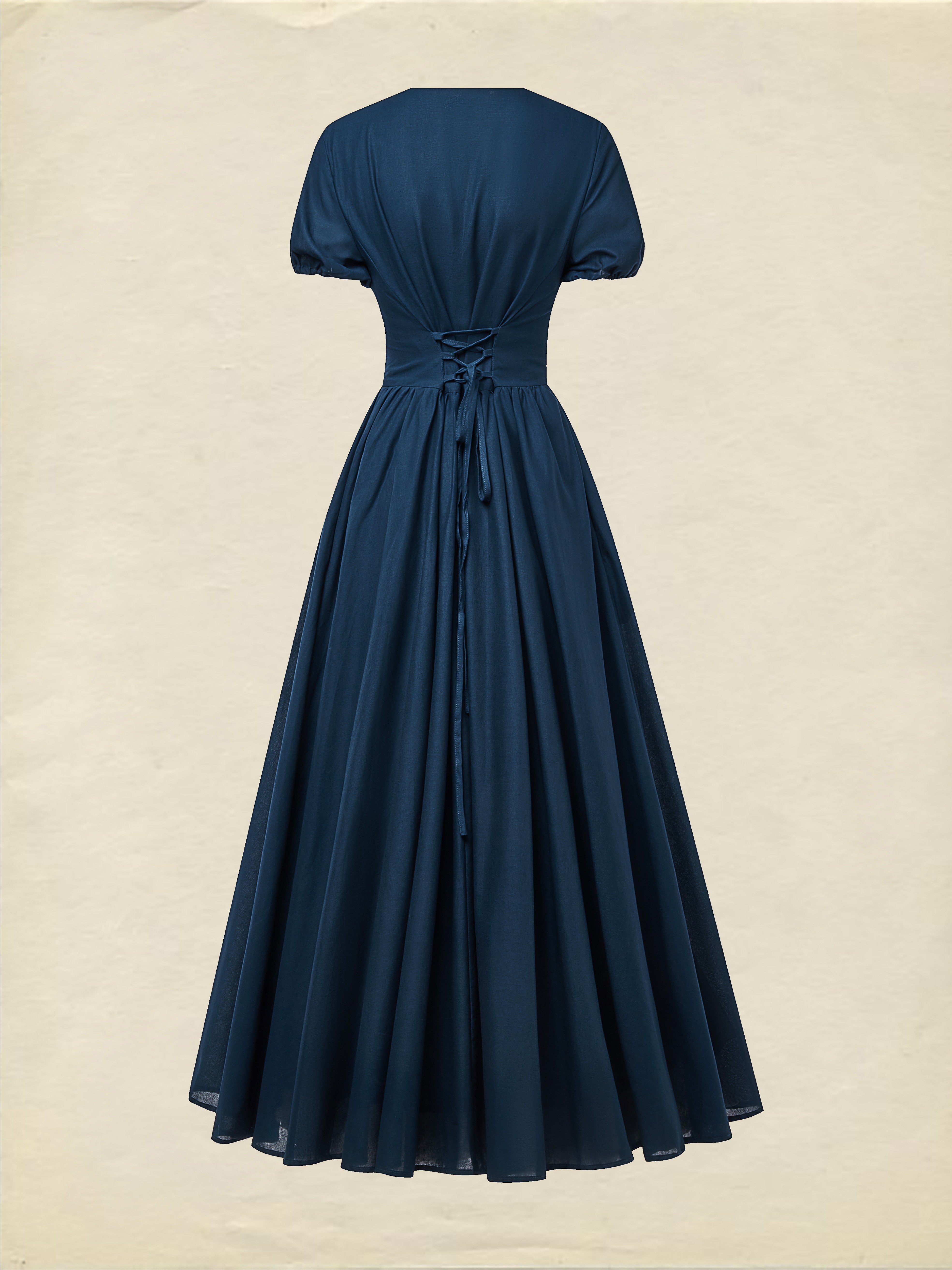 Maxi Linen Dress , Short Sleeves, V Neck, Plain, Lace, Vintage, Blue - Dark_blue