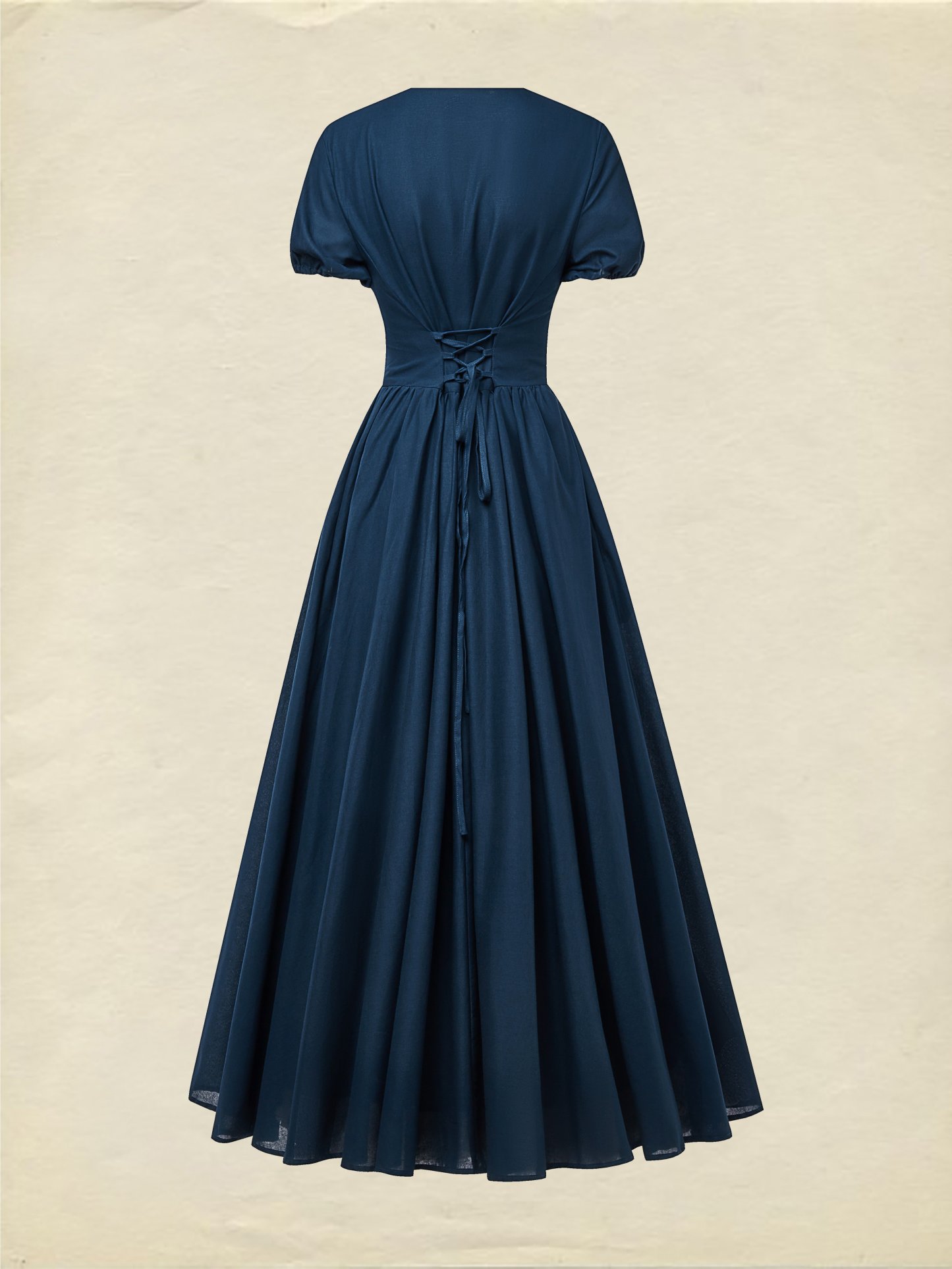 Maxi Linen Dress , Short Sleeves, V Neck, Plain, Lace, Vintage, Blue - Dark_blue