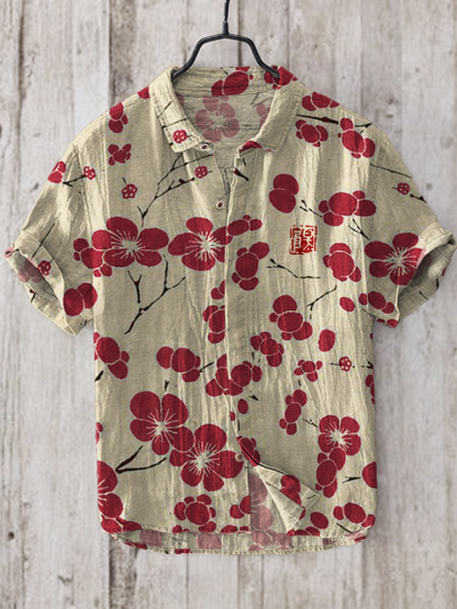 Cherry Blossom Japanese Lino Art Linen Blend Shirt - Black