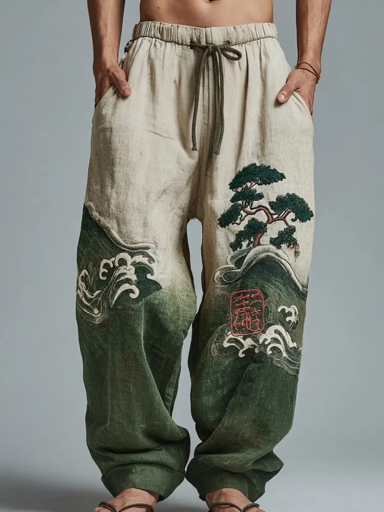 Men's Japanese Waves & Pine Tree Embroidered Linen Trousers - Green